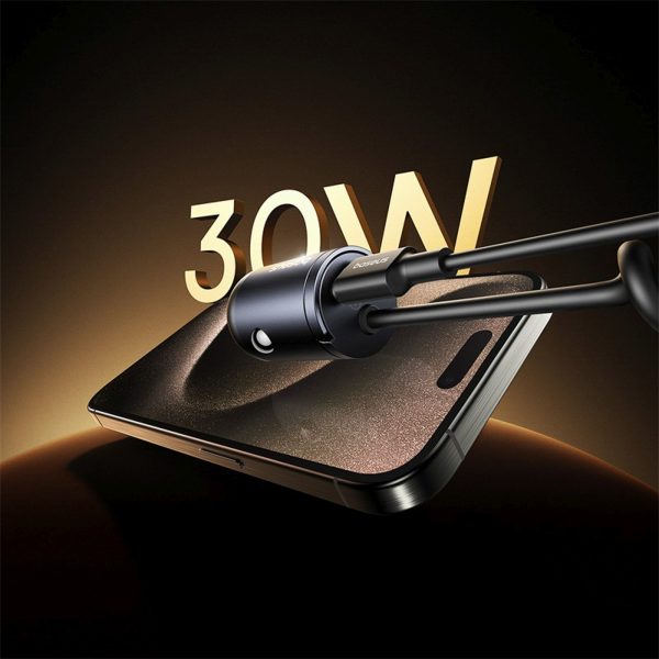 USB-C automašīnas lādētājs ar iebūvētu 30 W spirālveida USB-C kabeli - melns