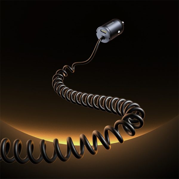 USB-C automašīnas lādētājs ar iebūvētu 30 W spirālveida USB-C kabeli - melns