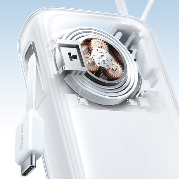 Powerbank 10000mAh 35W ar ievelkamu USB-C kabeli un Lightning siksniņu - balts