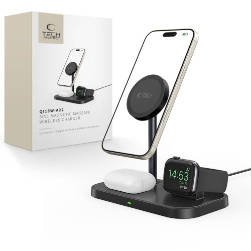 3-in-1 bezvadu lādētājs ar viedtālruņa statīvu Apple Watch AirPods MagSafe - melns