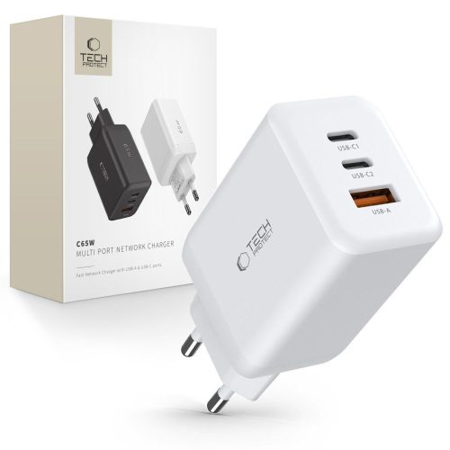 USB-C USB-A C65W PD 65W QC sienas lādētājs - balts