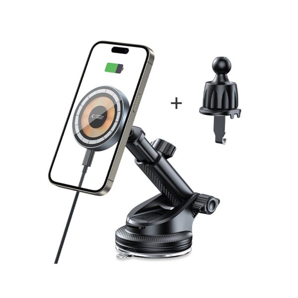 Automašīnas turētājs ar induktīvu viedtālruņa lādētāju uz grila vai paneļa 15W - melns