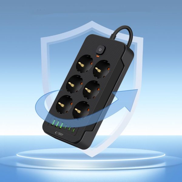 Strāvas pagarinātājs 6 rozetes 240V USB-A USB-C 2m - melns