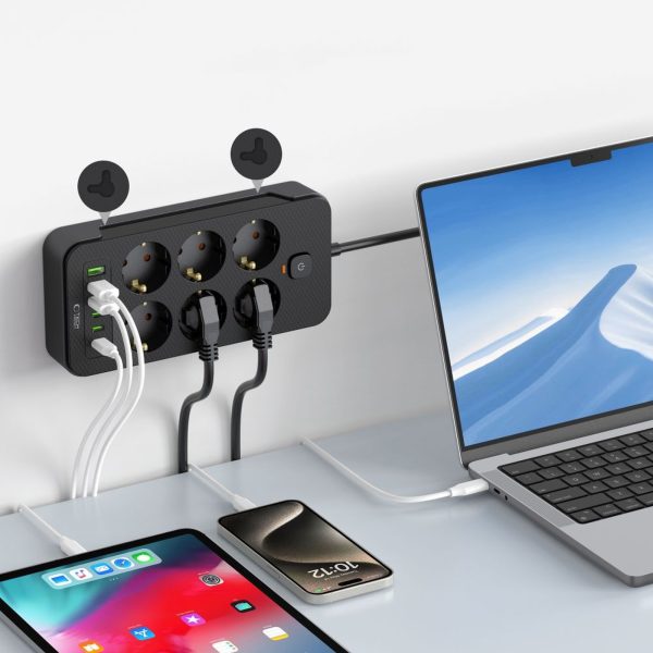 Strāvas pagarinātājs 6 rozetes 240V USB-A USB-C 2m - melns