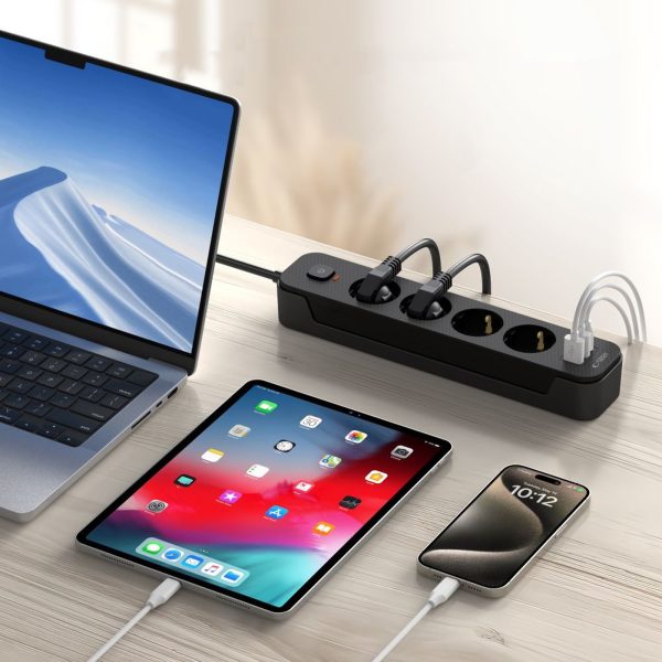 Strāvas pagarinātājs 4 rozetes 240V USB-A USB-C 2m - melns