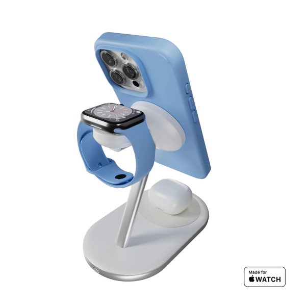 3-in-1 bezvadu lādētājs tālrunim, viedpulkstenim, Qi2 MagSafe austiņām - balts