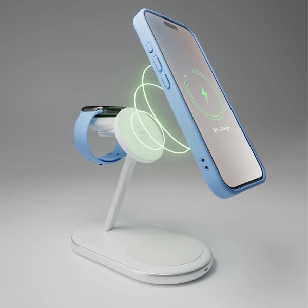 3-in-1 bezvadu lādētājs tālrunim, viedpulkstenim, Qi2 MagSafe austiņām - balts