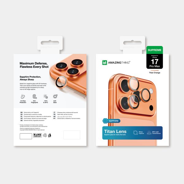 iPhone 17 Pro / Pro Max AR safīra lēcas stikls - oranžs ietvars