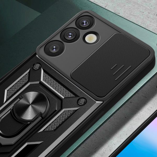 Bruņots maciņš ar kameras pārsegu, gredzenu un statīvu Samsung Galaxy S25+ Hybrid Armor Camshield tālrunim - melns