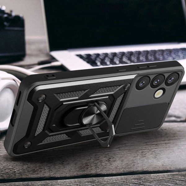 Bruņots maciņš ar kameras pārsegu, gredzenu un statīvu Samsung Galaxy S25+ Hybrid Armor Camshield tālrunim - melns