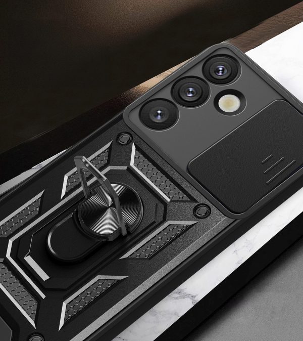 Bruņots maciņš ar kameras pārsegu, gredzenu un statīvu Samsung Galaxy S25+ Hybrid Armor Camshield tālrunim - melns