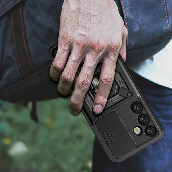 Bruņots maciņš ar kameras pārsegu, gredzenu un statīvu Samsung Galaxy S25+ Hybrid Armor Camshield tālrunim - melns