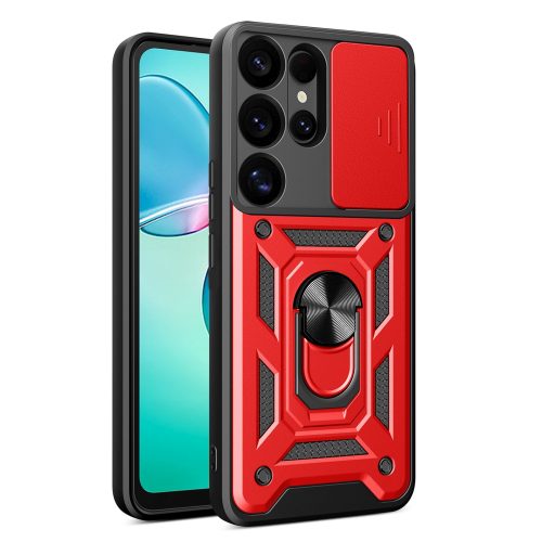 Armor Camshield maciņš ar kameras pārsegu, gredzenu un statīvu Samsung Galaxy S25 Ultra Hybrid Armor Camshield tālrunim - sarkans