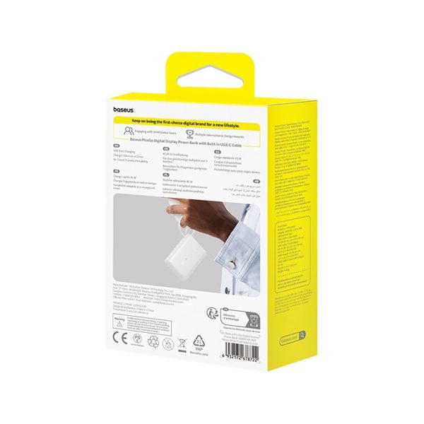 PicoGo 10000mAh 45W USB-A USB-C pārnēsājamais akumulators ar iebūvētu displeja kabeli - balts