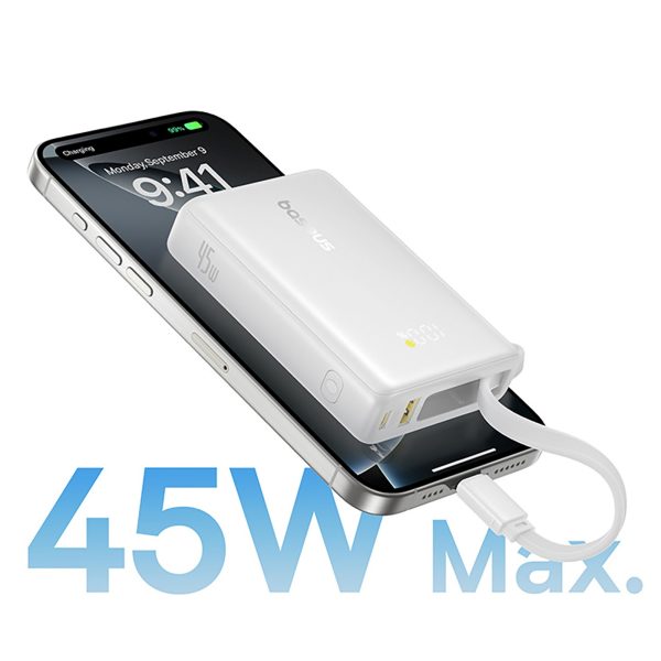 PicoGo 10000mAh 45W USB-A USB-C pārnēsājamais akumulators ar iebūvētu displeja kabeli - balts