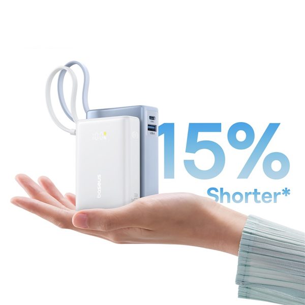 PicoGo 10000mAh 45W USB-A USB-C pārnēsājamais akumulators ar iebūvētu displeja kabeli - balts