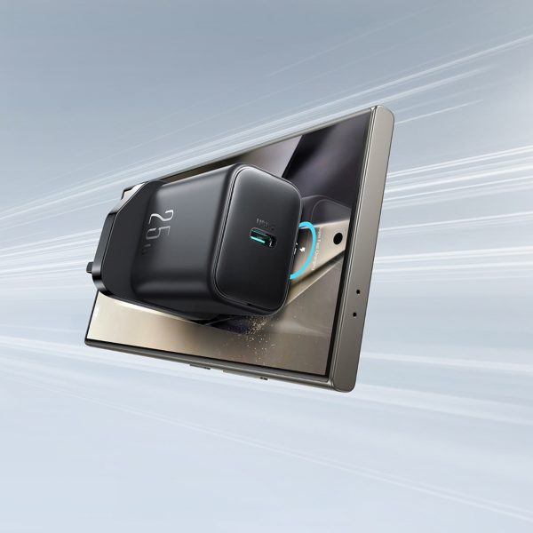 Sienas lādētājs ar vadu, Lielbritānijas spraudnis, USB-C, 25 W, 1 m - melns