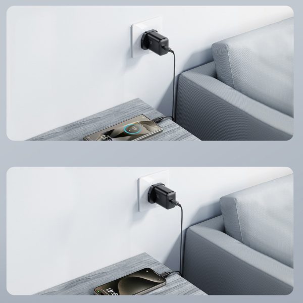 Sienas lādētājs ar vadu, Lielbritānijas spraudnis, USB-C, 25 W, 1 m - melns