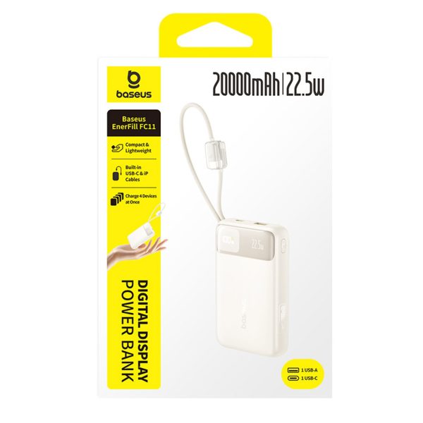 Powerbank 20000mAh 22.5W EnerFill FC11 ar displeju un iebūvētiem vadiem - bēša