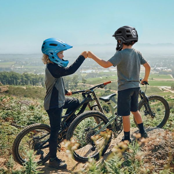 Bērnu pilnas sejas velosipēda ķivere ar USB aizmugurējo lukturi 52-56 cm - zila