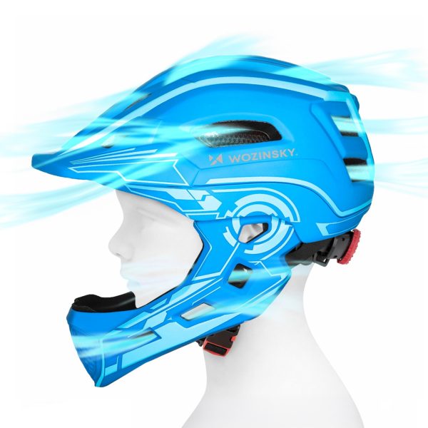 Bērnu pilnas sejas velosipēda ķivere ar USB aizmugurējo lukturi 52-56 cm - zila