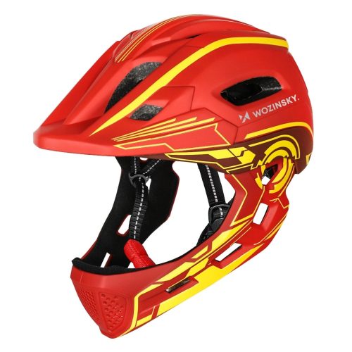 1033247-1-kask-rowerowy-fullface-dzieciecy-z-lampka-czerwono-wozinsky-hurtownia-dropshipping.jpg Bērnu pilnas sejas velosipēda ķivere ar USB aizmugurējo lukturi 52-56 cm - sarkana un dzeltena