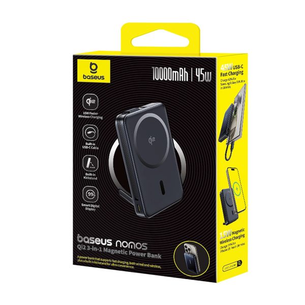10000mAh magnētiskais pārnēsājamais akumulators ar statīvu un iebūvētu USB-C kabeli MagSafe 45W Qi2 - melns