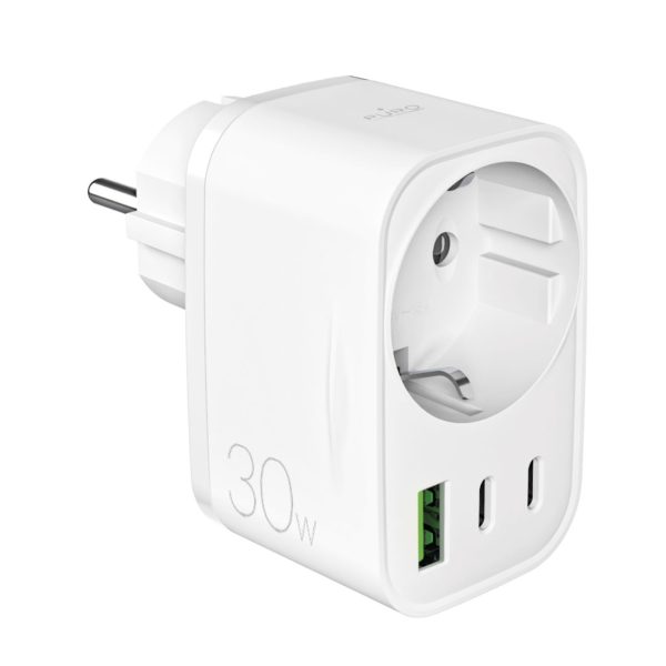 Sienas lādētājs ar Schuko spraudni, USB-C, USB-A, 30 W barošanas avots - balts