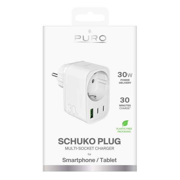 Sienas lādētājs ar Schuko spraudni, USB-C, USB-A, 30 W barošanas avots - balts