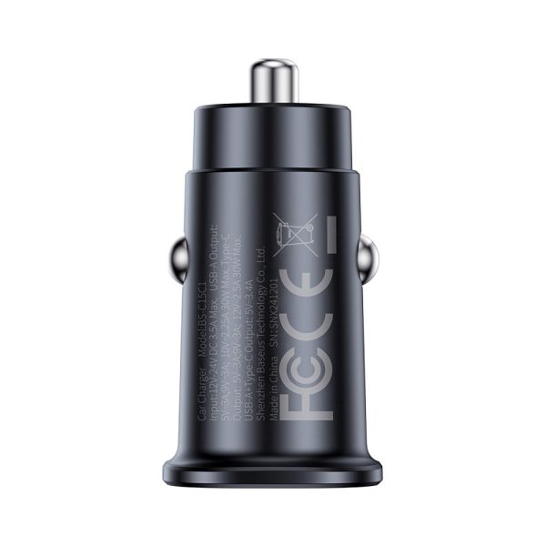 USB-C USB-A 30W automašīnas lādētājs - melns