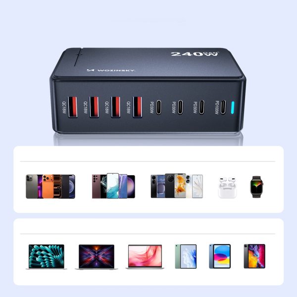 Galda uzlādes stacija 4x USB-A 4x USB-C GaN QC3 240W - melna
