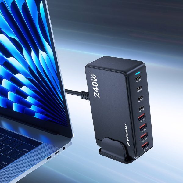 Galda uzlādes stacija 4x USB-A 4x USB-C GaN QC3 240W - melna