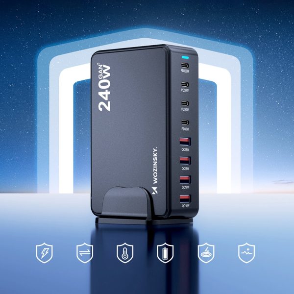 Galda uzlādes stacija 4x USB-A 4x USB-C GaN QC3 240W - melna