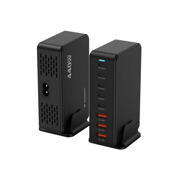 Galda uzlādes stacija 3x USB-A 5x USB-C GaN QC3 440W - melna