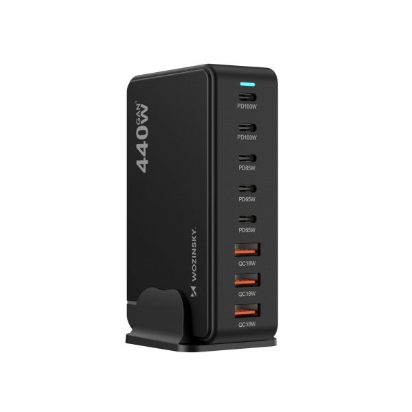 Galda uzlādes stacija 3x USB-A 5x USB-C GaN QC3 440W - melna