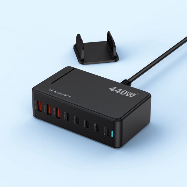 Galda uzlādes stacija 3x USB-A 5x USB-C GaN QC3 440W - melna
