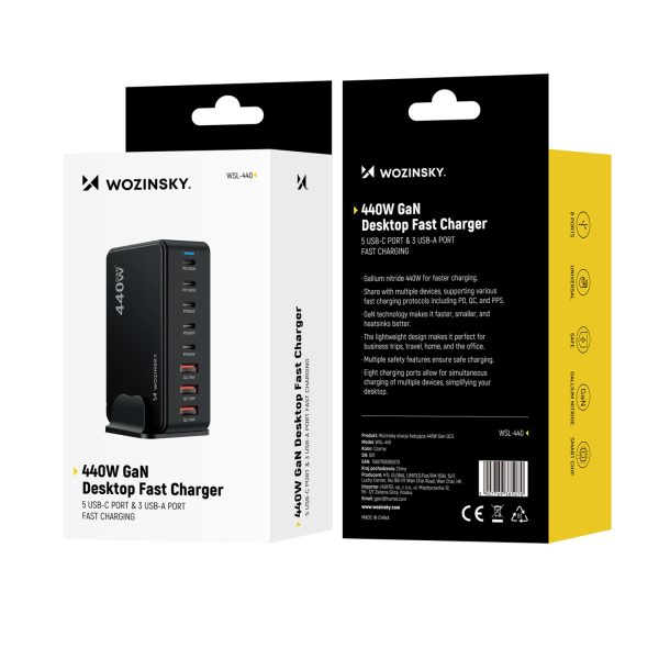 Galda uzlādes stacija 3x USB-A 5x USB-C GaN QC3 440W - melna