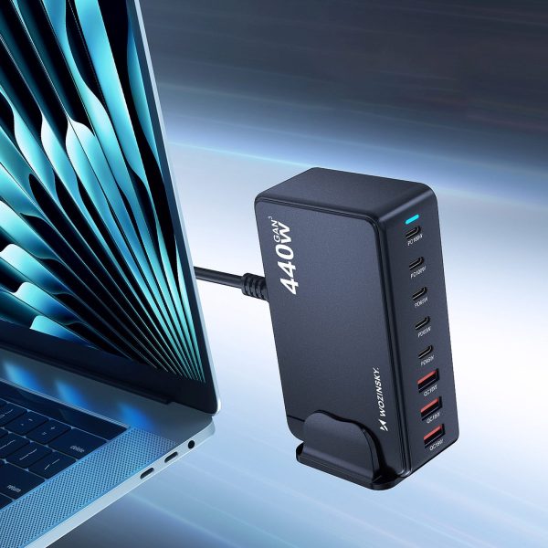 Galda uzlādes stacija 3x USB-A 5x USB-C GaN QC3 440W - melna
