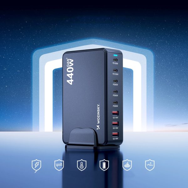 Galda uzlādes stacija 3x USB-A 5x USB-C GaN QC3 440W - melna