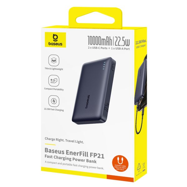 Powerbank 10000mAh 22.5W EnerFill FP21 USB-A USB-C ar USB-C kabeli - melns