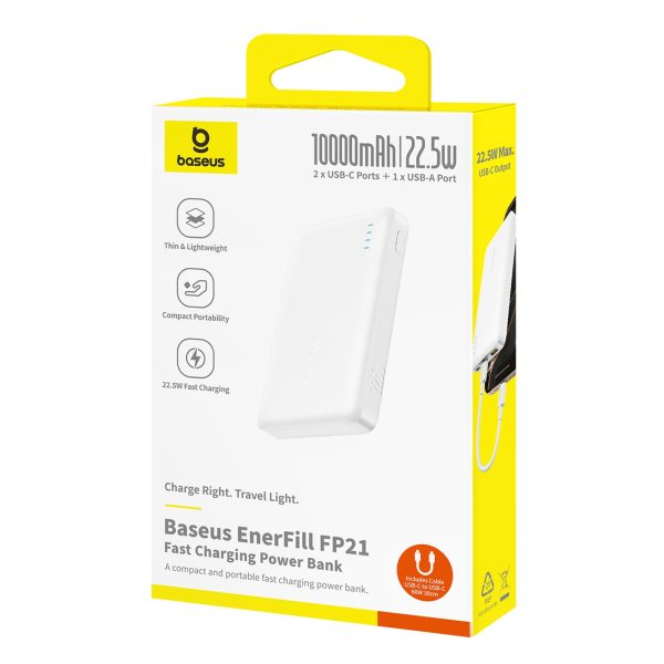 Powerbank 10000mAh 22.5W EnerFill FP21 USB-A USB-C ar USB-C kabeli - balts