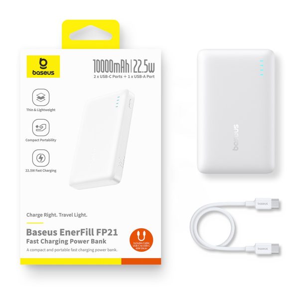 Powerbank 10000mAh 22.5W EnerFill FP21 USB-A USB-C ar USB-C kabeli - balts