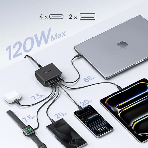 Uzlādes stacija 4x USB-C 2x USB-A 120W - melna