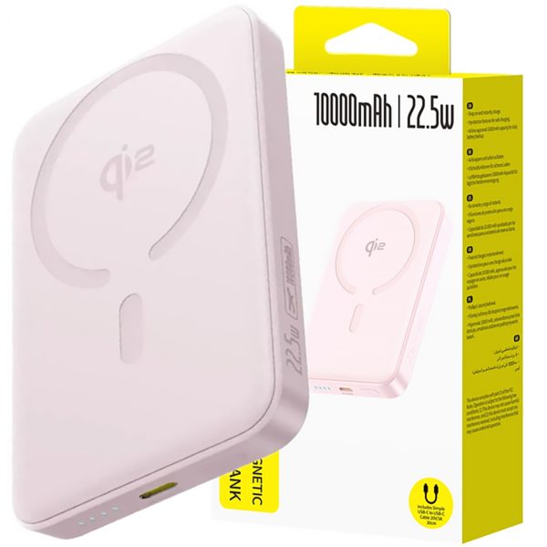 Powerbank 10000mAh 22.5W EnerFill FM12 Qi2 MagSafe ar USB-C kabeli 20V 3A 30cm - rozā