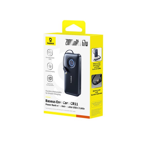 Powerbank 20000mAh 67W ar ievelkamu USB-C kabeli - melns