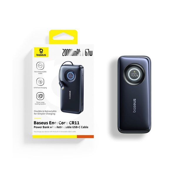 Powerbank 20000mAh 67W ar ievelkamu USB-C kabeli - melns