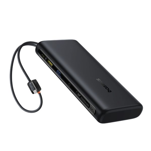 Powerbank 20000mAh 100W ar displeju un iebūvētiem USB-C kabeļiem - melns