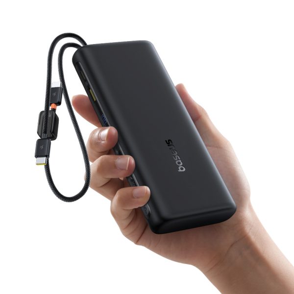 Powerbank 20000mAh 100W ar displeju un iebūvētiem USB-C kabeļiem - melns