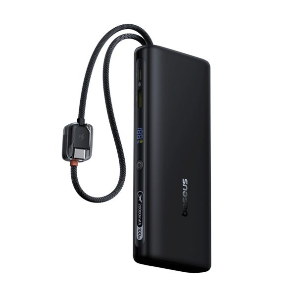 Powerbank 20000mAh 100W ar displeju un iebūvētiem USB-C kabeļiem - melns