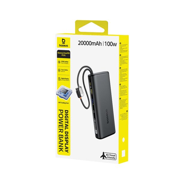 Powerbank 20000mAh 100W ar displeju un iebūvētiem USB-C kabeļiem - melns